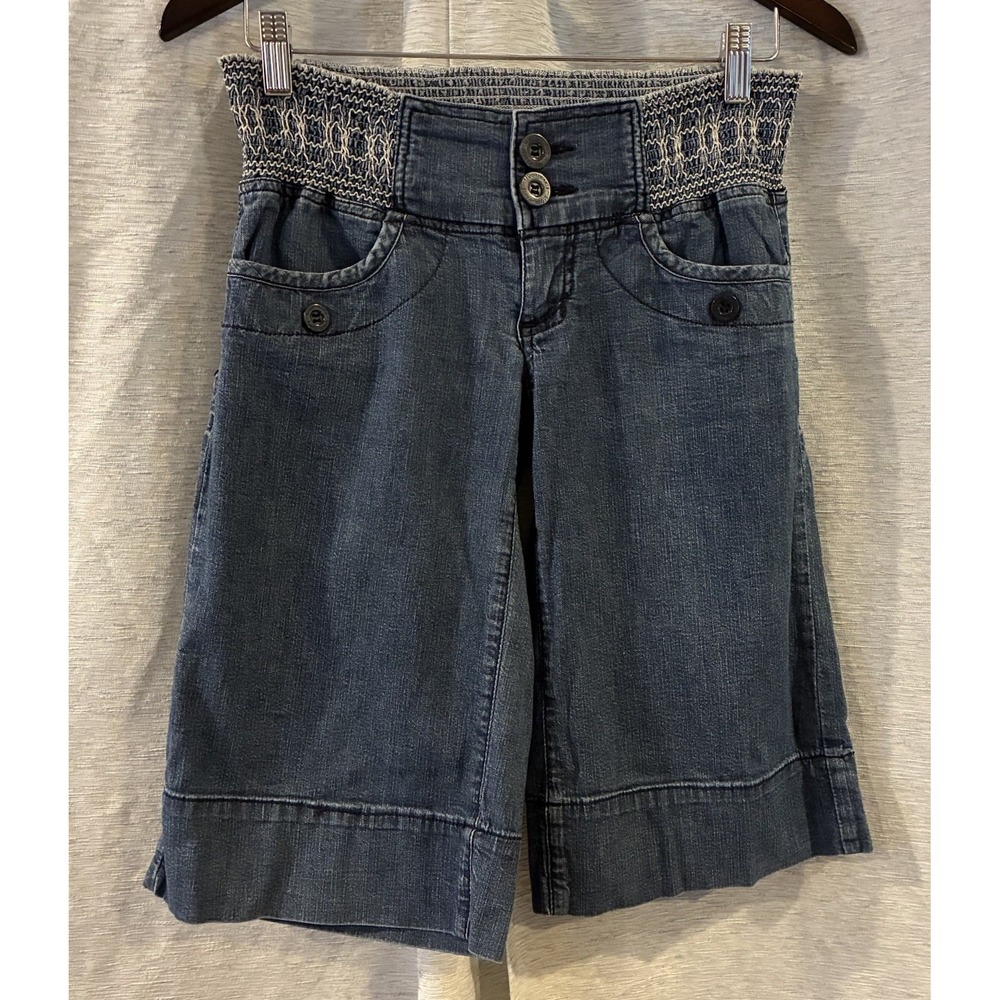 Sequin Hearts Y2K Navy Blue Capri Wide Leg Gaucho Jeans Smocked Waist 5 Grunge